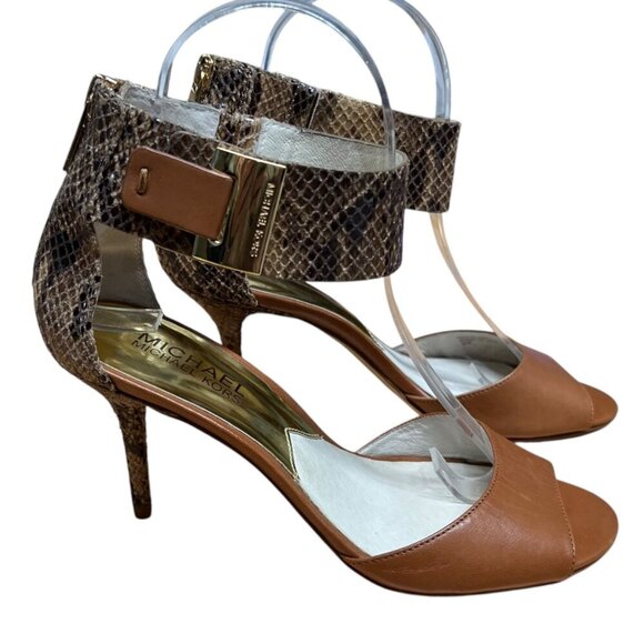 Michael Kors Snakeskin & Leather Tan Peep Toe Stiletto Ankle Strap Size 6.5 - Picture 4 of 9